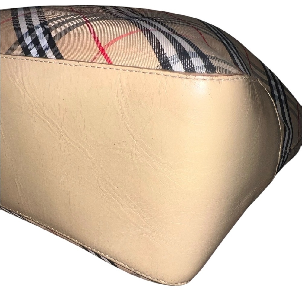 Burberry Nova Check Canvas Leather Tote Tan Black Red Traditional Plaid Pleated - Picture 6 of 16